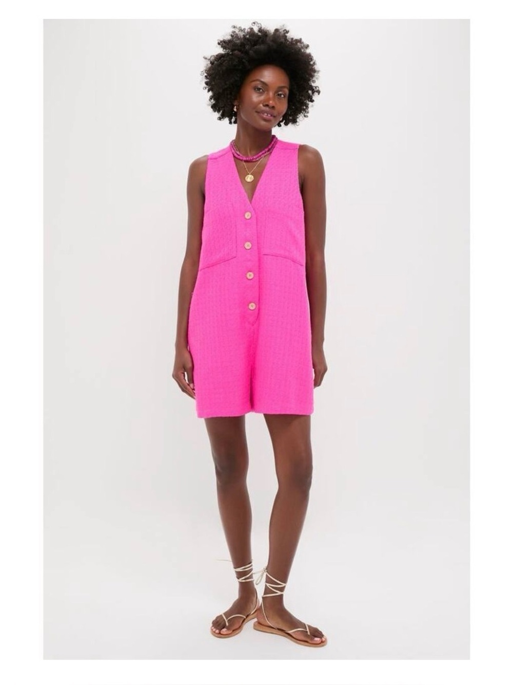 Tuckernuck Hot Pink Textured Myla Romper Sz large Barbiecore gold buttons tweed